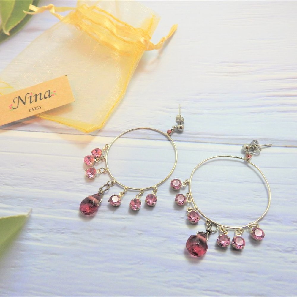 Silver Circle Earrings Pink Crystal Tear Bead